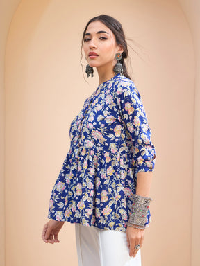 Blue Floral Buttonned Gathered Kurti -Shae by SASSAFRAS