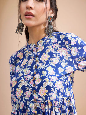 Blue Floral Buttonned Gathered Kurti -Shae by SASSAFRAS