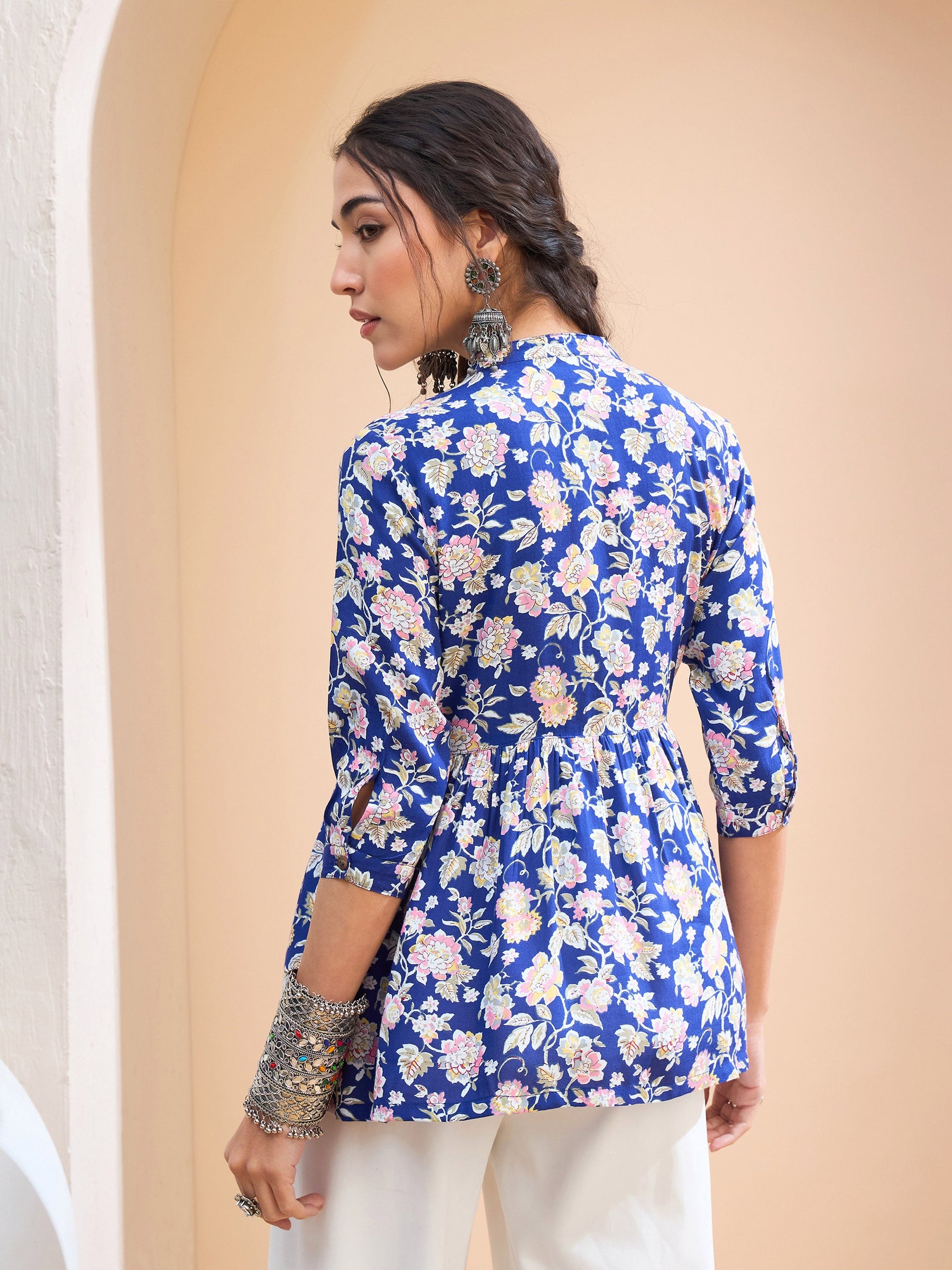 Blue Floral Buttonned Gathered Kurti -Shae by SASSAFRAS