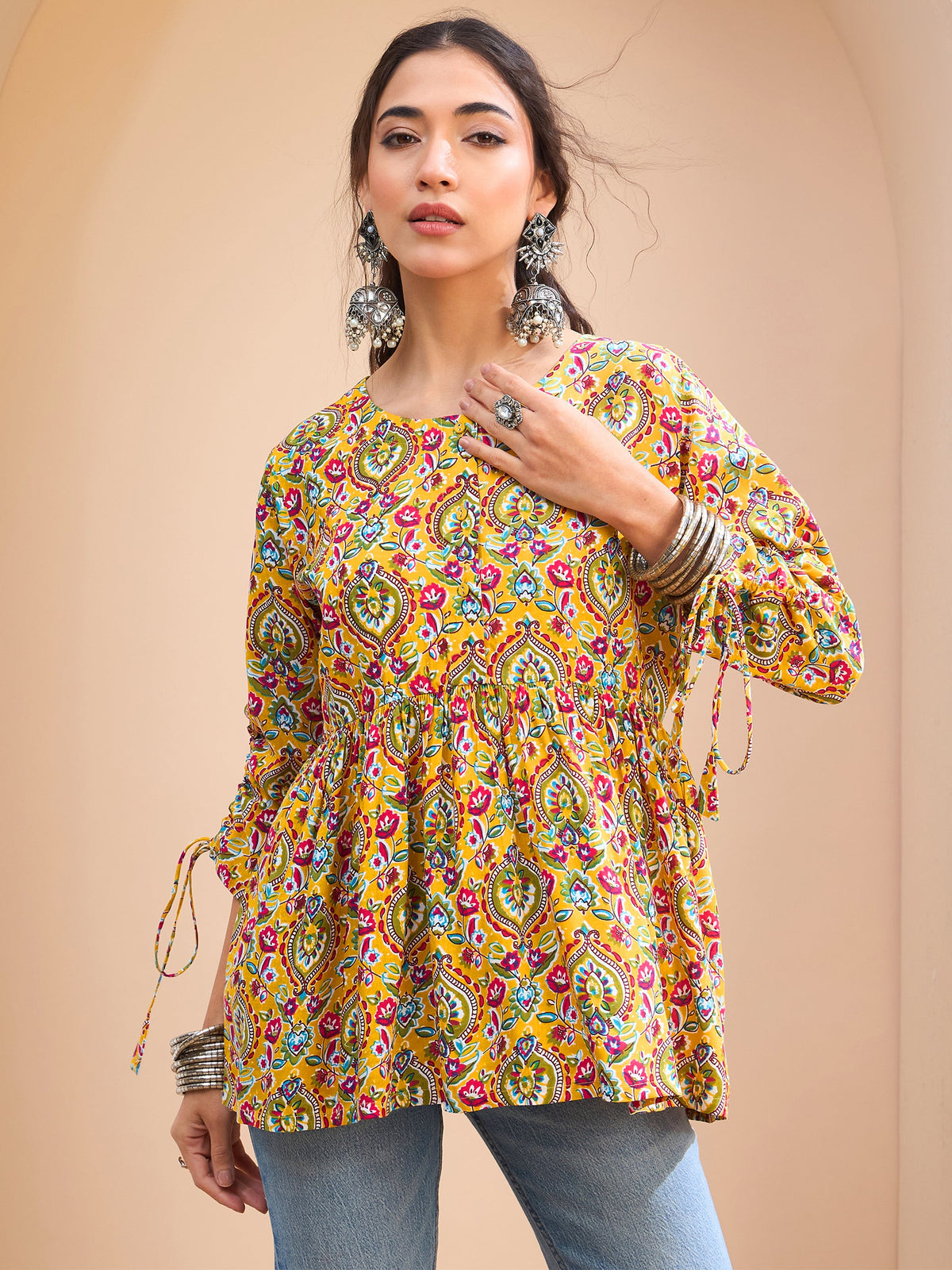 Yellow Floral Ruching Dori Sleeves Peplum Kurti-Shae by SASSAFRAS