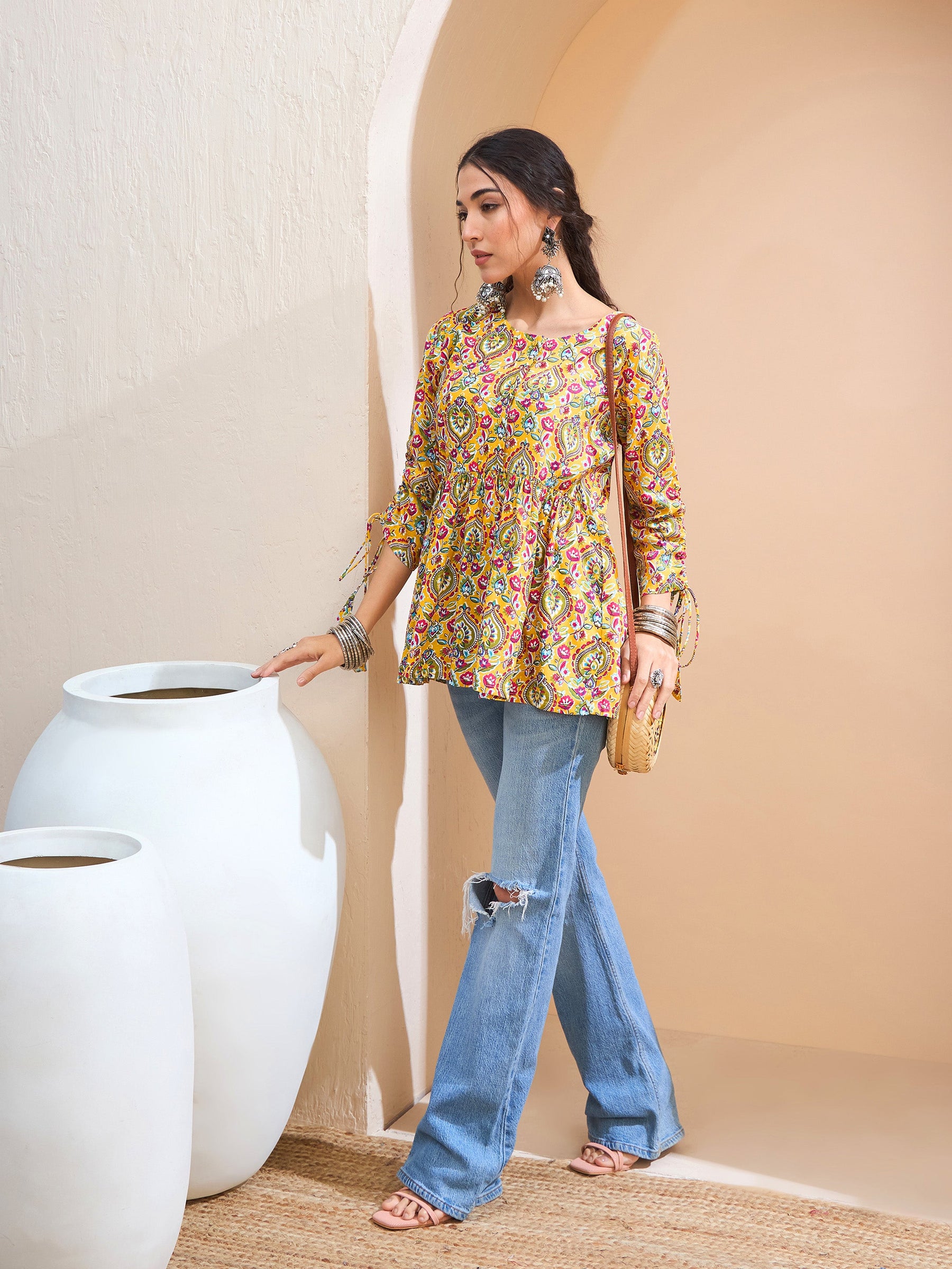 Yellow Floral Ruching Dori Sleeves Peplum Kurti-Shae by SASSAFRAS