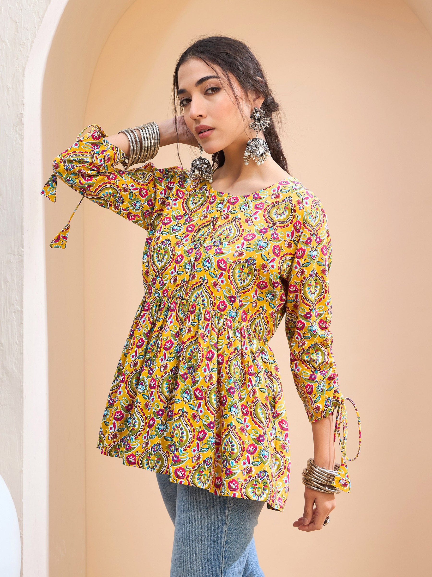 Yellow Floral Ruching Dori Sleeves Peplum Kurti-Shae by SASSAFRAS