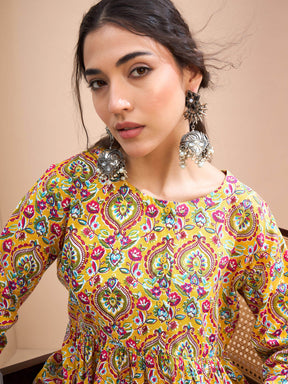 Yellow Floral Ruching Dori Sleeves Peplum Kurti-Shae by SASSAFRAS