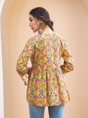 Yellow Floral Ruching Dori Sleeves Peplum Kurti-Shae by SASSAFRAS