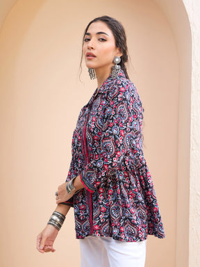 Black Floral Front Placket Collar Kurti -Shae by SASSAFRAS