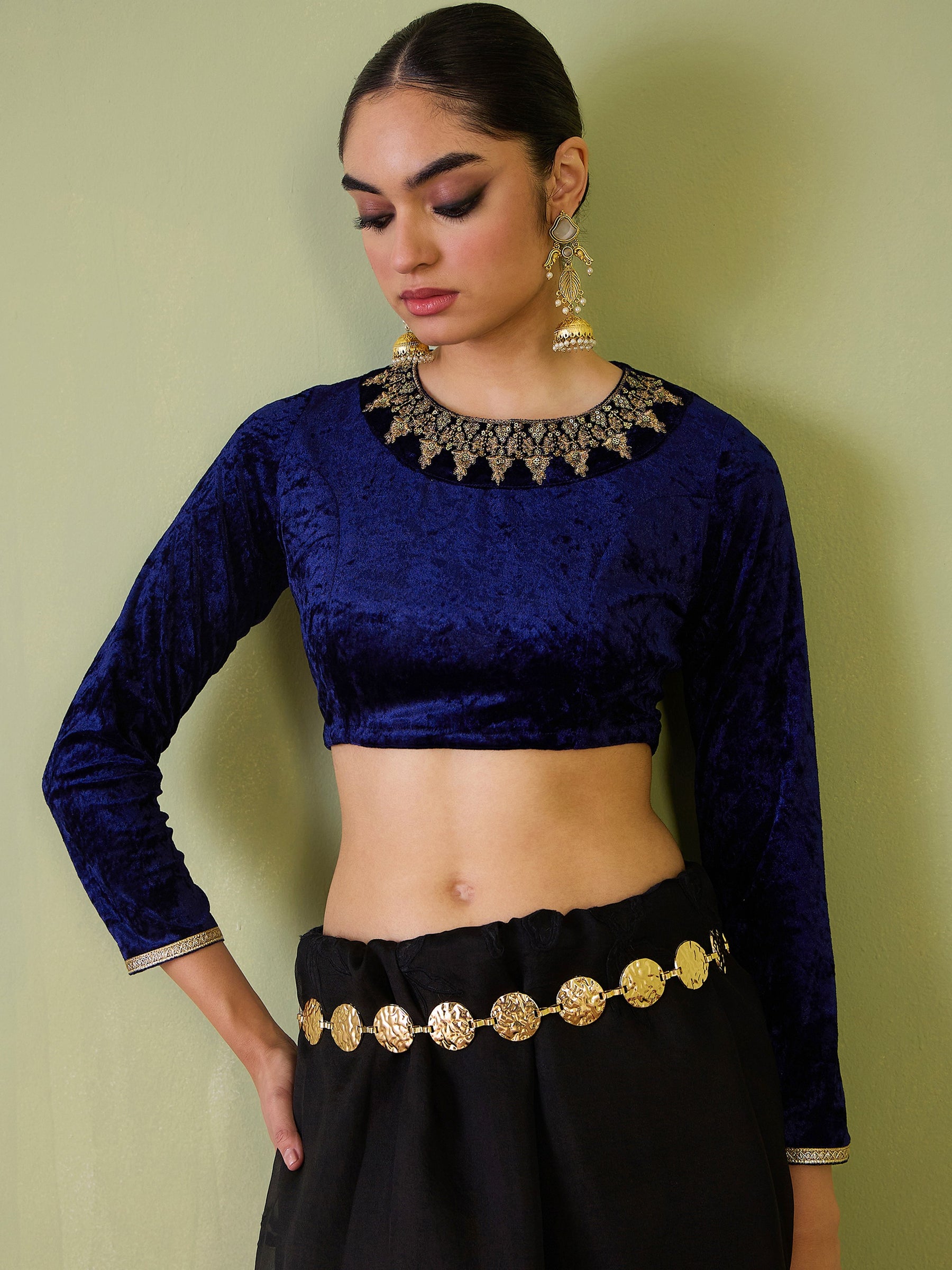 Navy Velvet Embroidered Full Sleeves Crop Top-Shae by SASSAFRAS