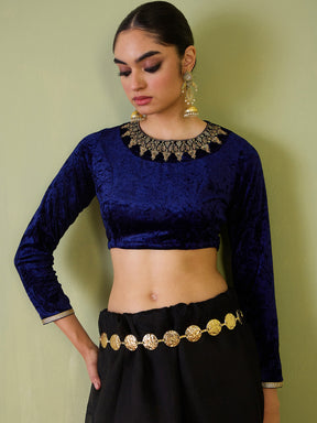 Navy Velvet Embroidered Full Sleeves Crop Top-Shae by SASSAFRAS