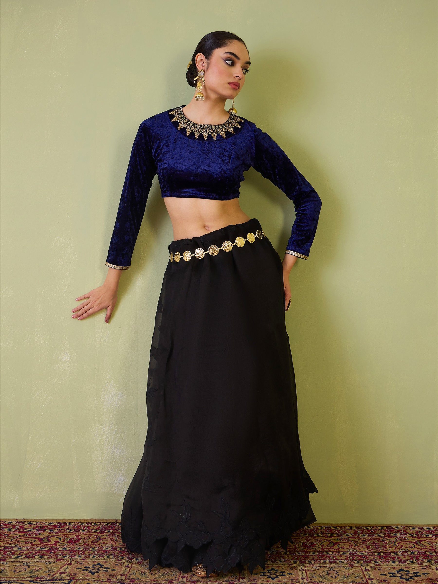 Navy Velvet Embroidered Full Sleeves Crop Top-Shae by SASSAFRAS