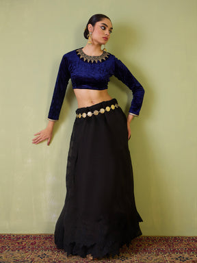 Navy Velvet Embroidered Full Sleeves Crop Top-Shae by SASSAFRAS