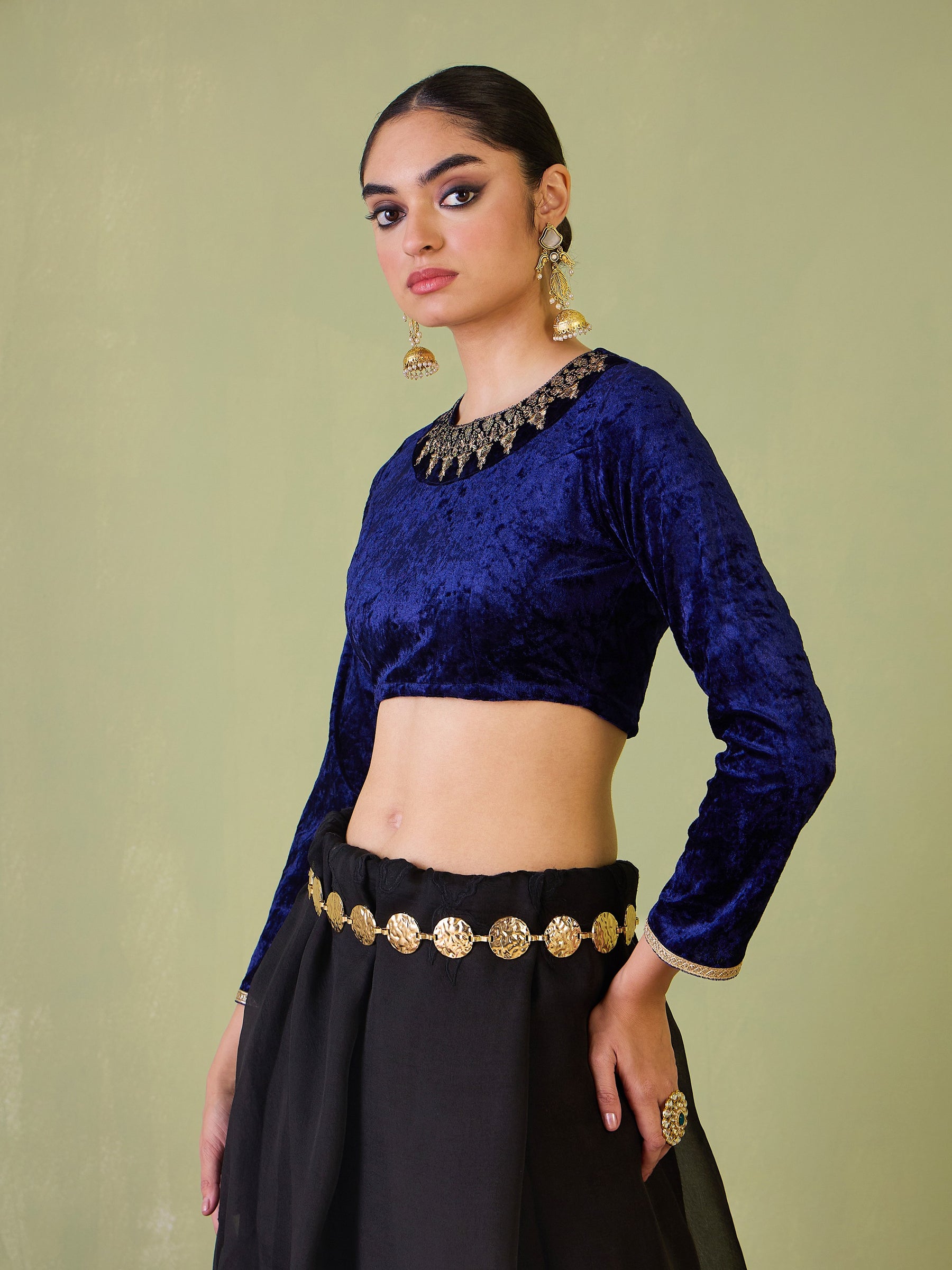 Navy Velvet Embroidered Full Sleeves Crop Top-Shae by SASSAFRAS