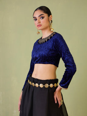 Navy Velvet Embroidered Full Sleeves Crop Top-Shae by SASSAFRAS