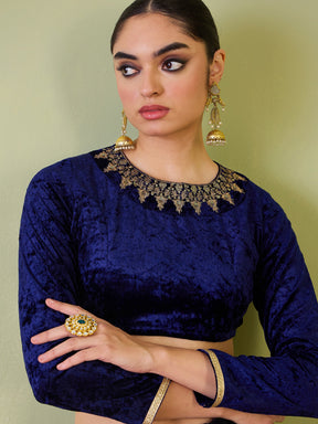 Navy Velvet Embroidered Full Sleeves Crop Top-Shae by SASSAFRAS