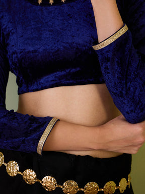Navy Velvet Embroidered Full Sleeves Crop Top-Shae by SASSAFRAS