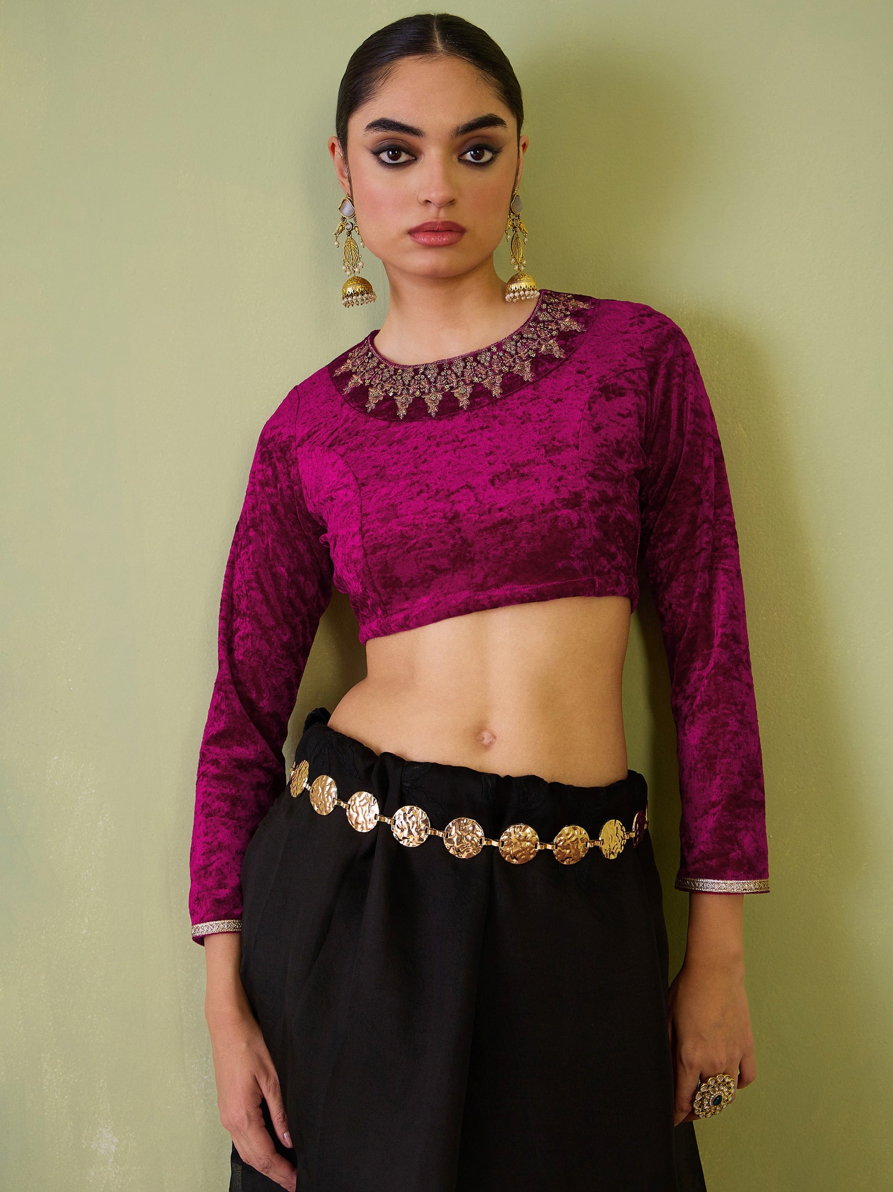 Fuchsia Velvet Embroidered Full Sleeves Crop Top-Shae by SASSAFRAS