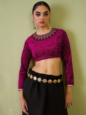 Fuchsia Velvet Embroidered Full Sleeves Crop Top-Shae by SASSAFRAS
