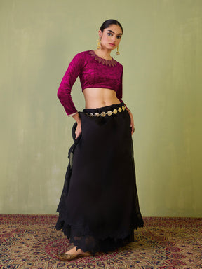 Fuchsia Velvet Embroidered Full Sleeves Crop Top-Shae by SASSAFRAS