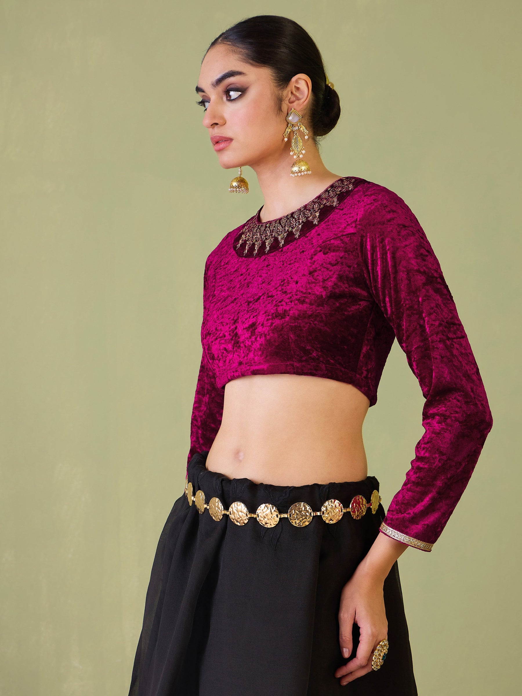 Fuchsia Velvet Embroidered Full Sleeves Crop Top-Shae by SASSAFRAS