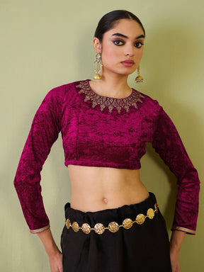 Fuchsia Velvet Embroidered Full Sleeves Crop Top-Shae by SASSAFRAS