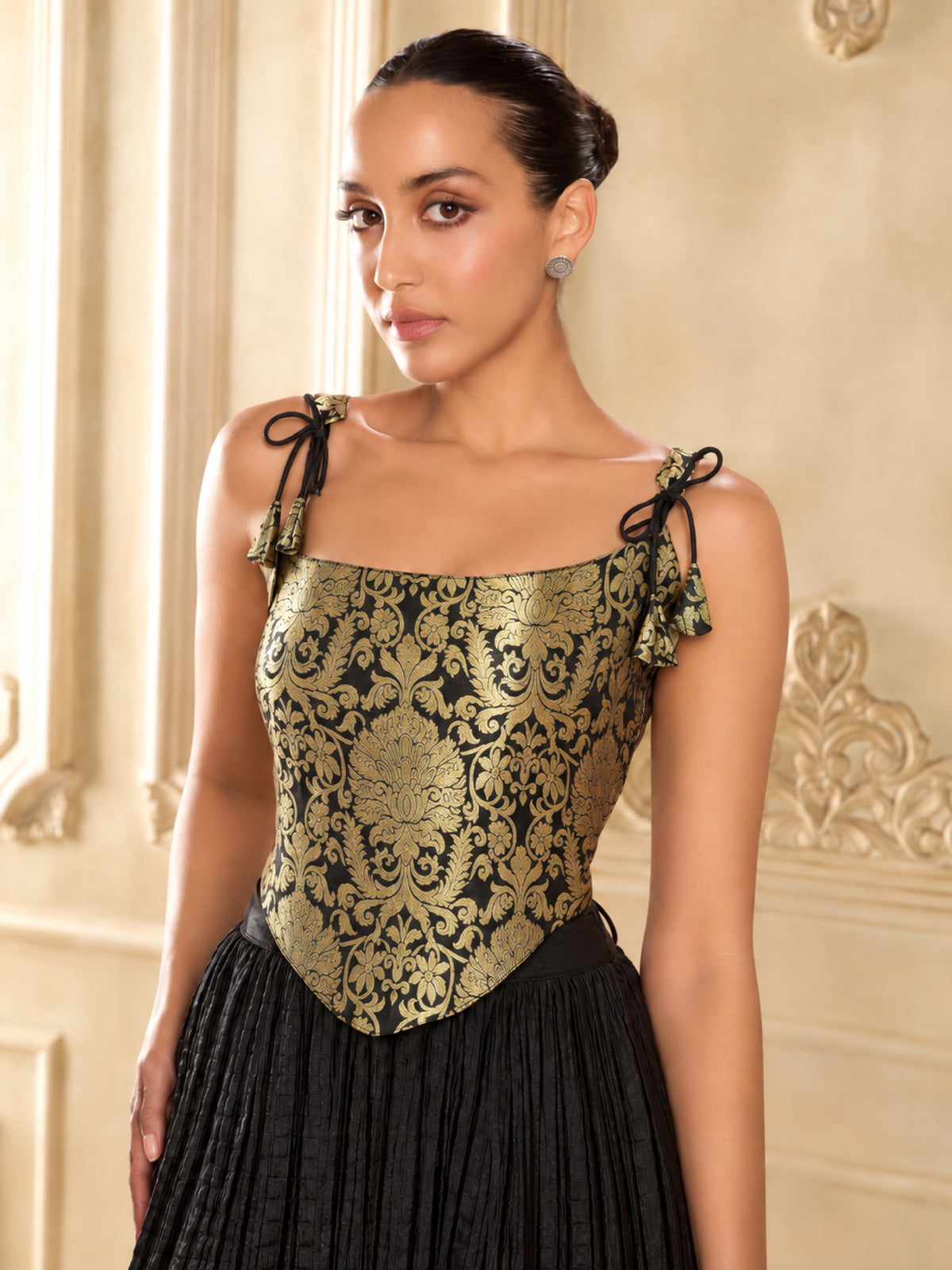 Black Brocade Corset Top-Shae by SASSAFRAS