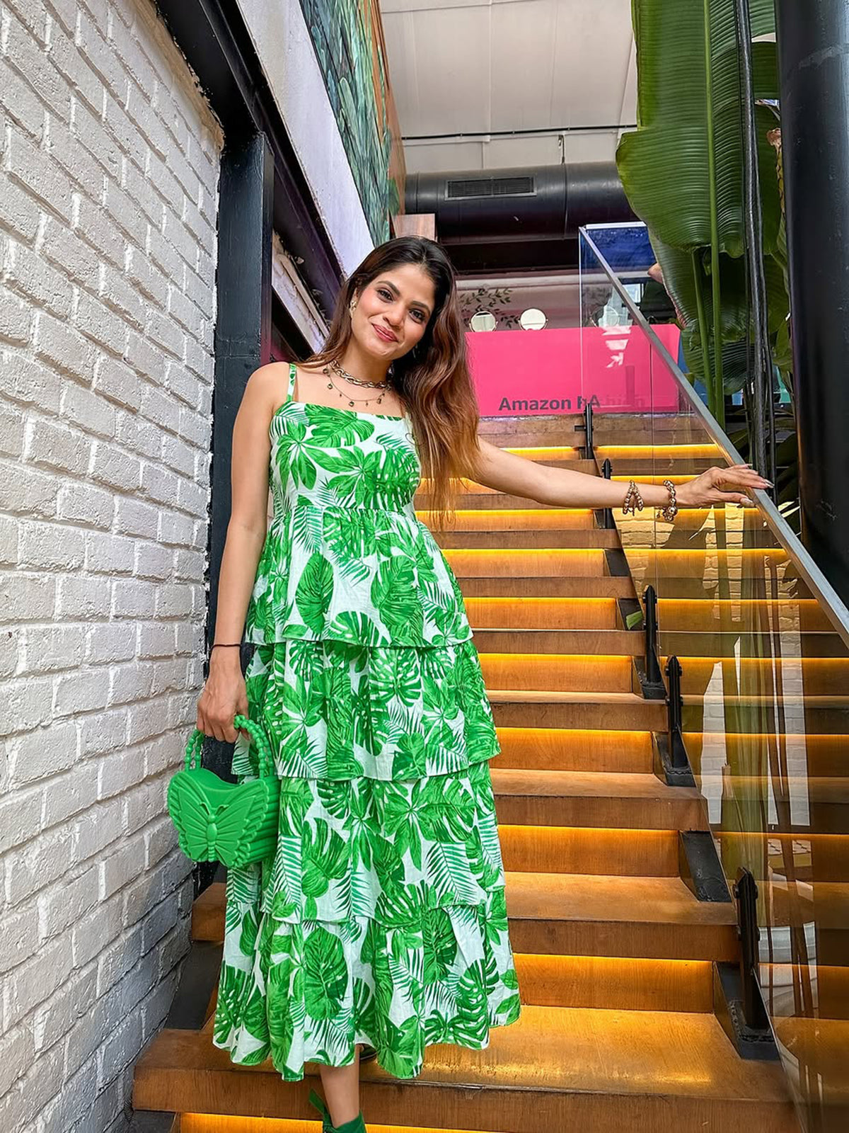 Women Green Leaf Print Frill Strappy Midi Dress