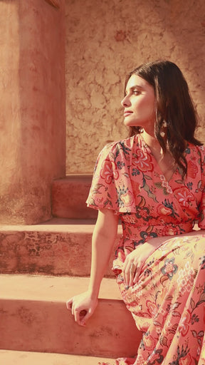 Women Orange Floral V-Neck Short Sleeve Belted Maxi Dress