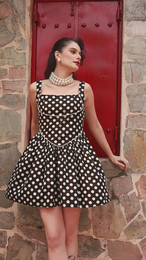 Women Black & White Small Polka Dot Strappy Short Dress