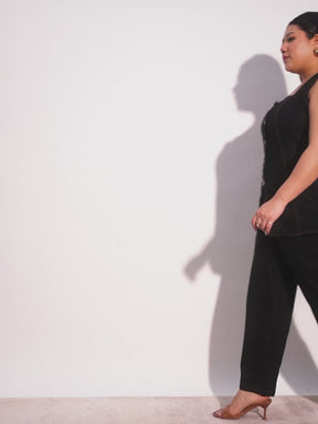 Women Black Denim Sleeveless Top With Mom Fit Jeans