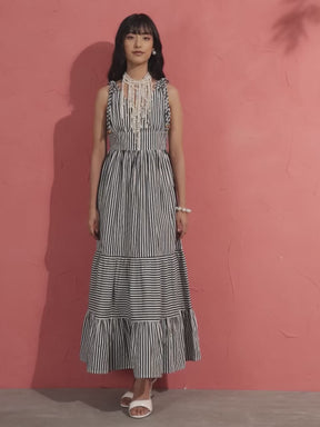 Women Black & White Stripe Strappy Flared Hem Maxi Dress