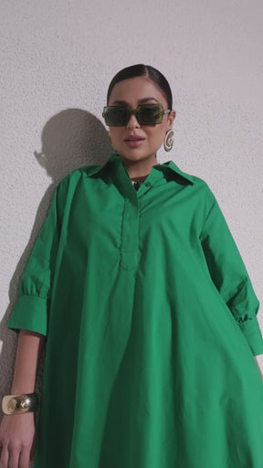 Women Green Poplin A-Line Flared Short Dress