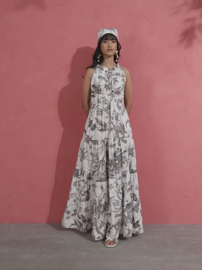 Women Black & White Floral Halter Neck Tiered Maxi