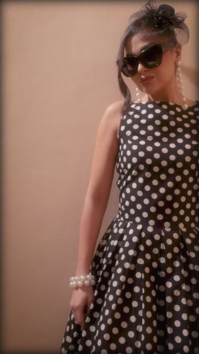 Women Black & White Small Polka Smoking Low Waist Midi Dress