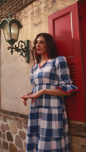 Women Blue Big Check Tiered Maxi Dress