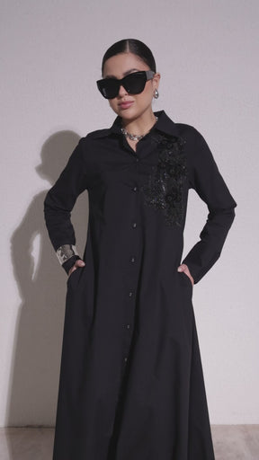 Women Black Poplin Longline Shirt Dress