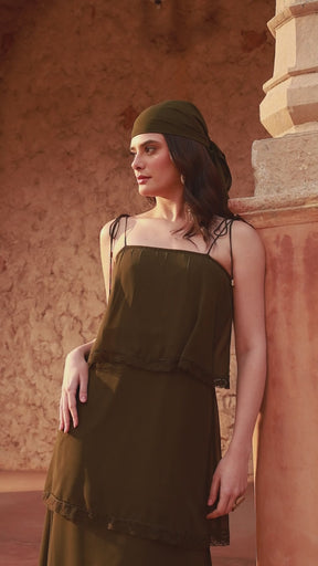 Women Olive Frill Strappy Maxi Dress