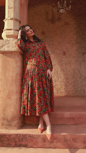 Women Rust Tropical Print Front Button Down Midi Dress