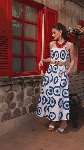 Women White Evil Eye Print Smocked Bust Strappy Dress