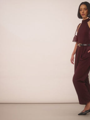 Women Burgundy Halter Neck Top With Wrap Straight Pants