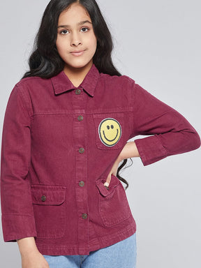 Girls Burgundy SMILEY Patch Denim Jacket-Girls Jacket-SASSAFRAS