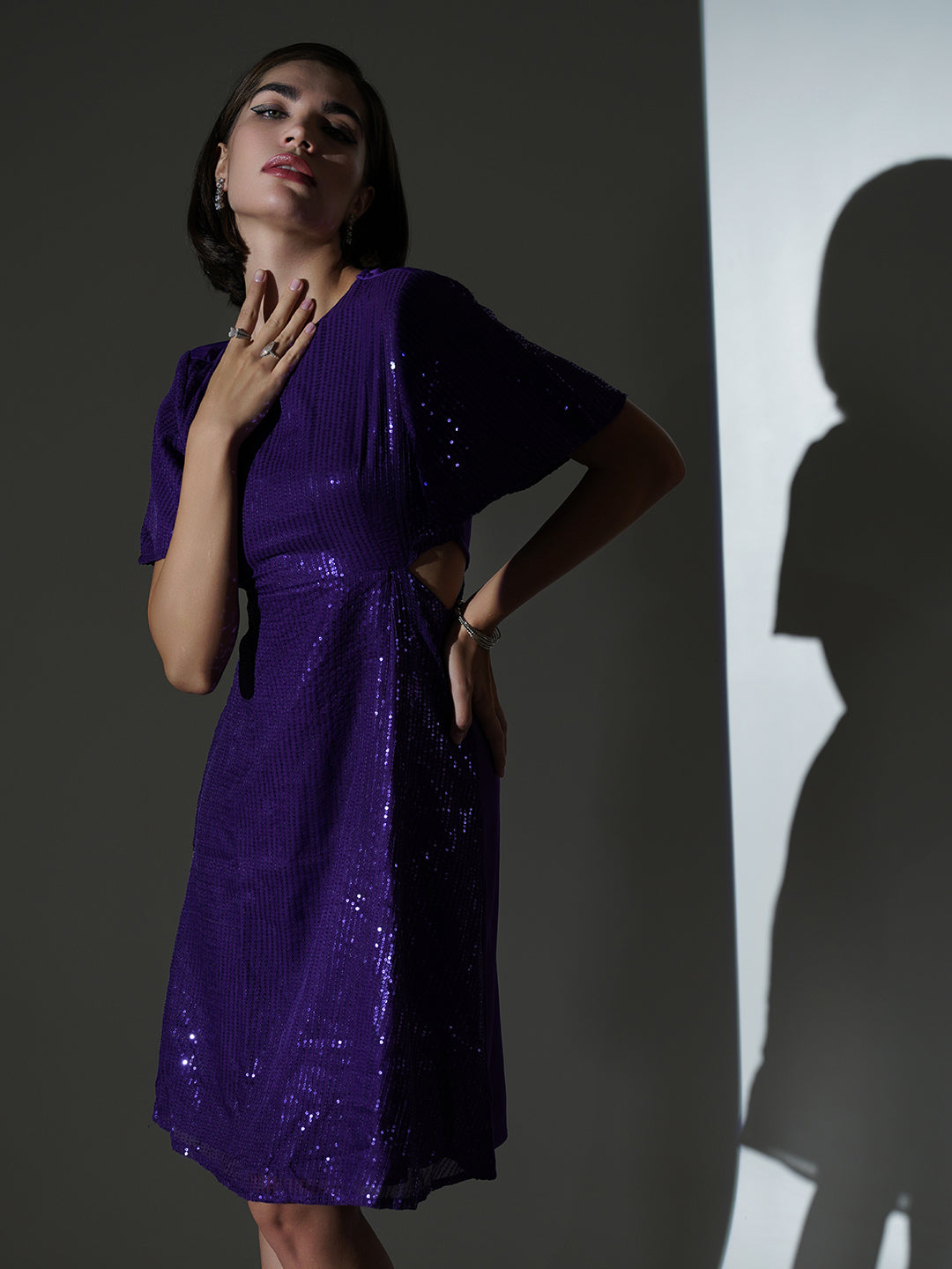 Purple Sequins Side Cut Out Midi Dress-SASSAFRAS