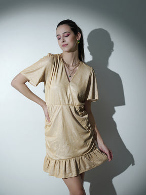Beige Gold Wrap A-Line Mini Dress-SASSAFRAS