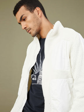 White Full Sleeve Faux Fur Jacket-MASCLN