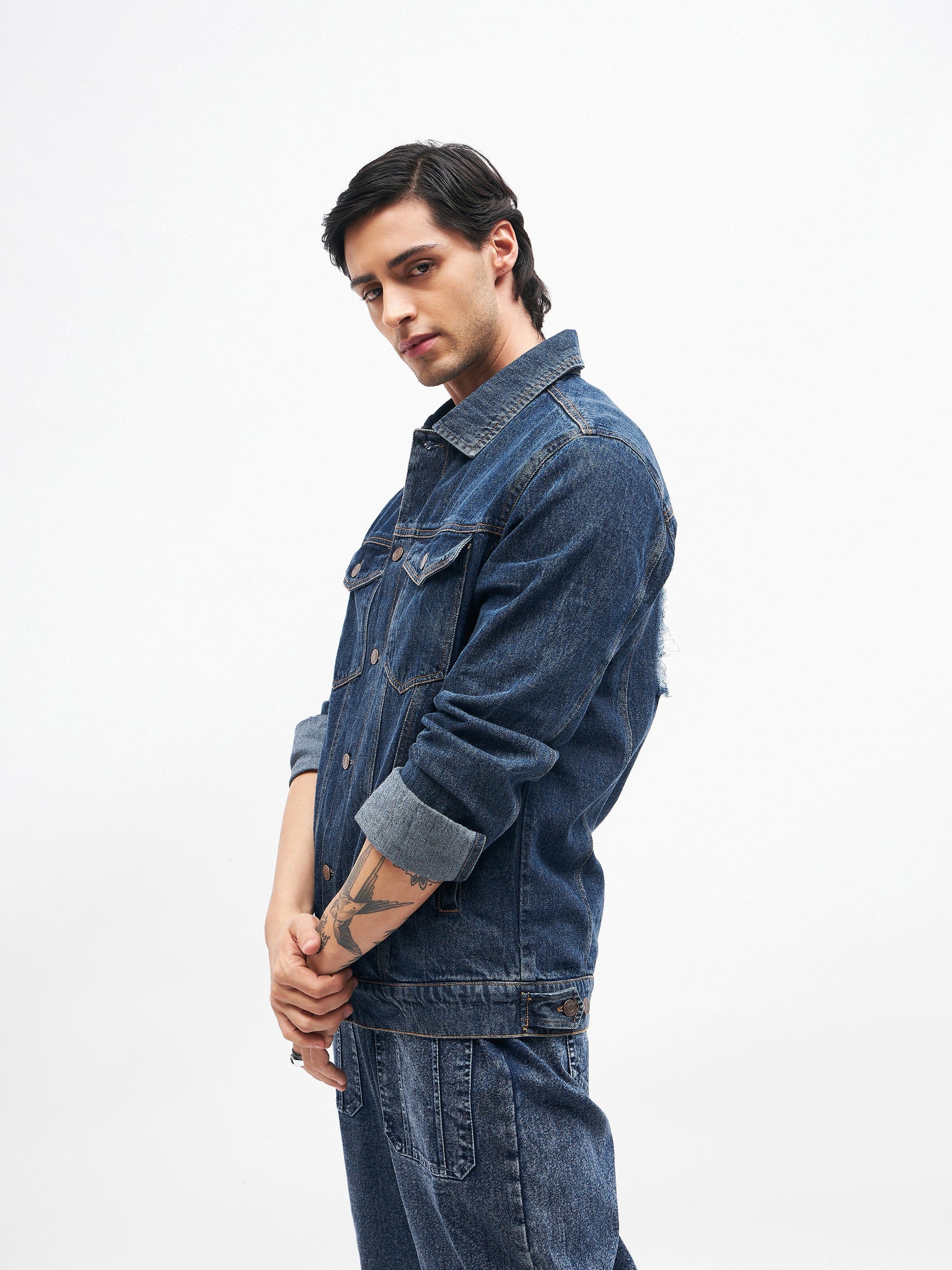SLAY. Men's Embroidered Ombre Effect Button-Down Ripped Denim Jacket