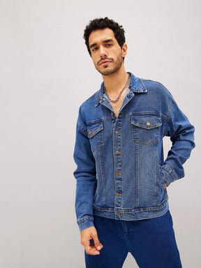 Blue Relax Fit Denim Jacket-MASCLN SASSAFRAS