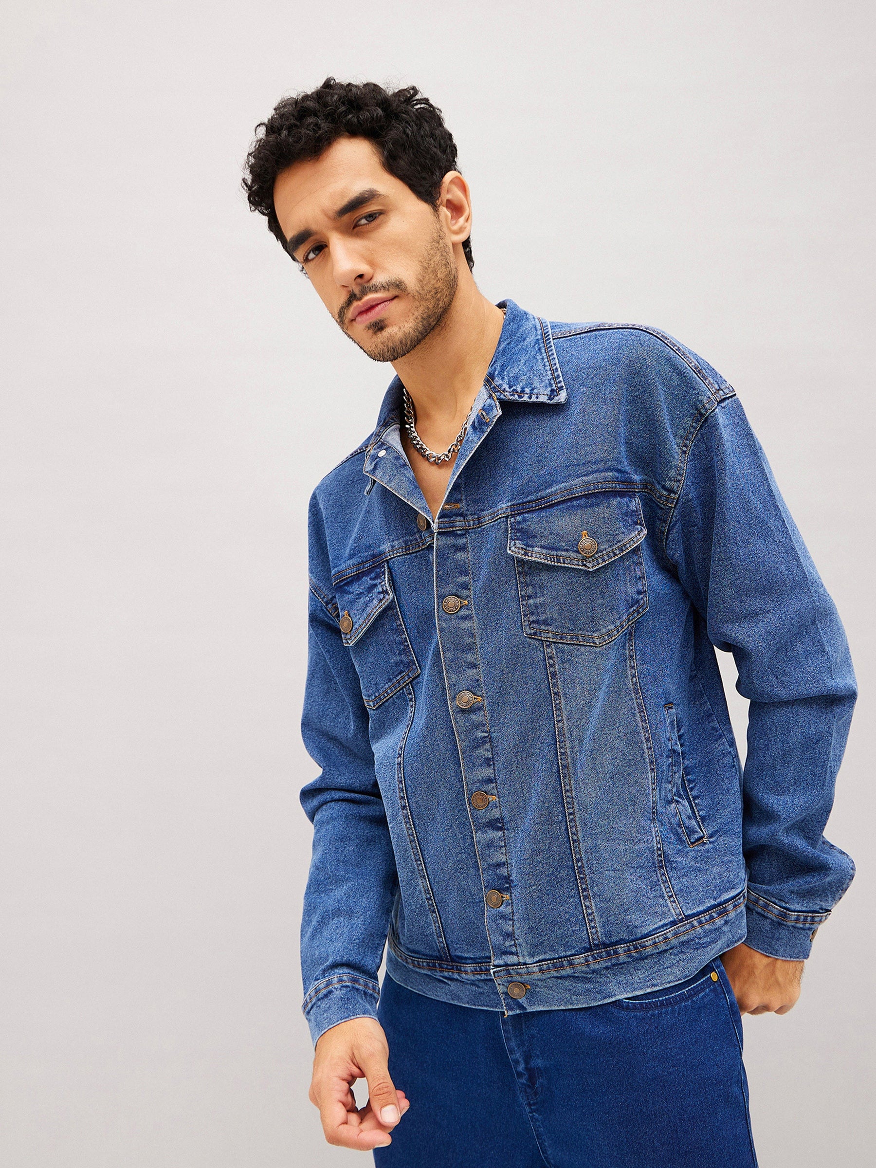 Blue Relax Fit Denim Jacket-MASCLN SASSAFRAS