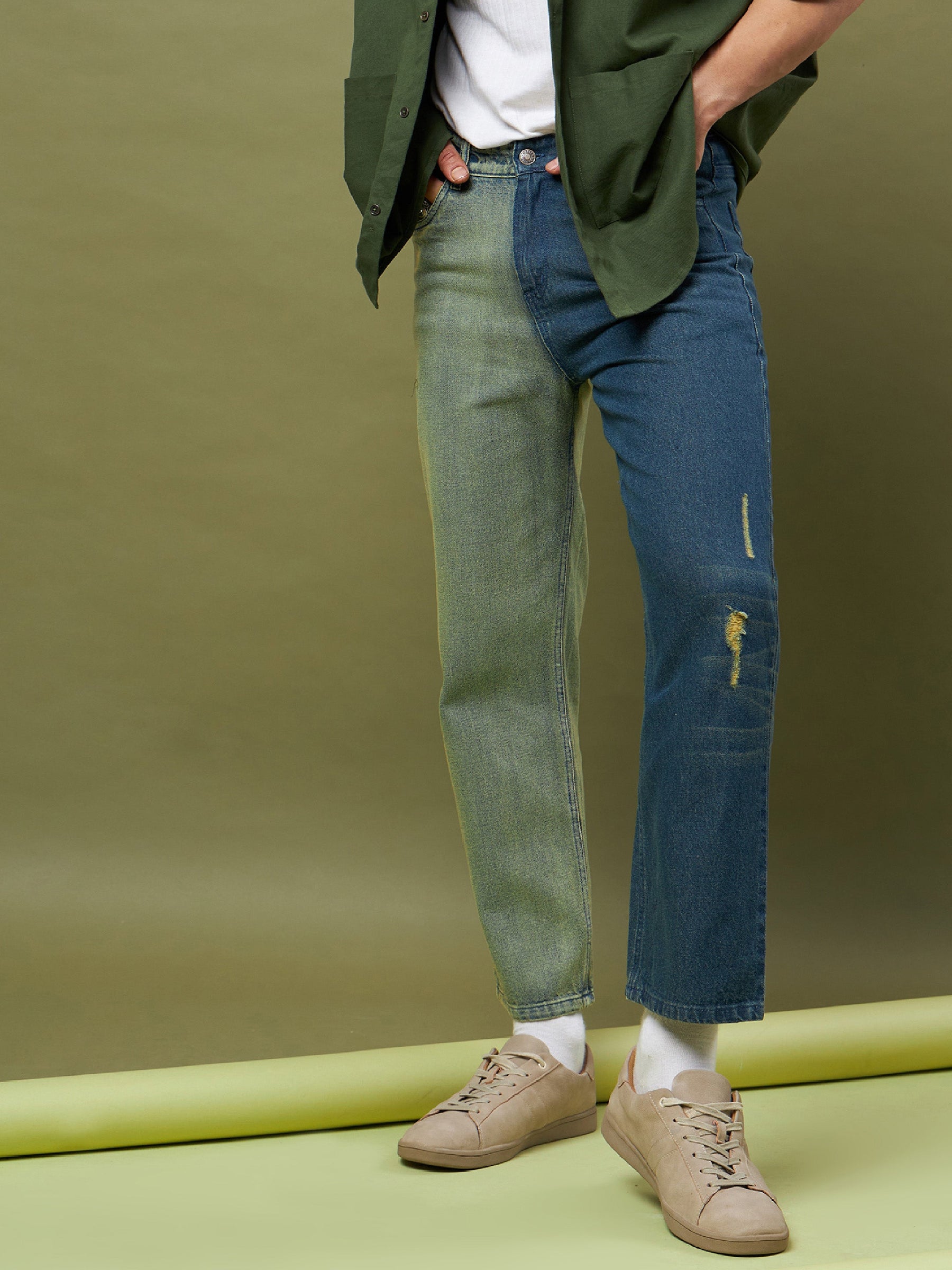 Men Blue Olive ColorBlock Relax Fit Jeans - Main Image