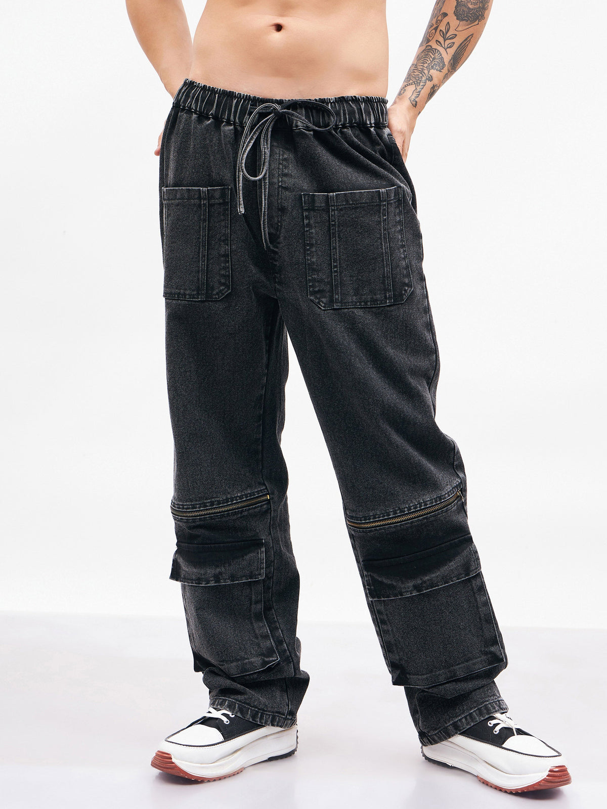 Black Front Zipper Baggy Fit Jeans-MASCLN SASSAFRAS