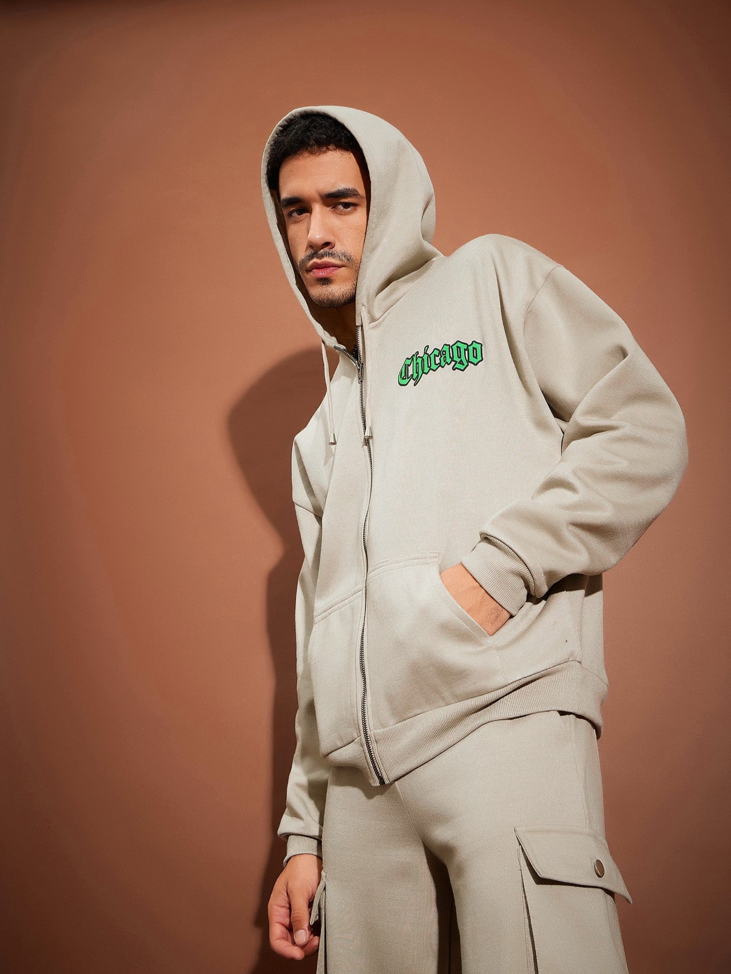 Taupe CHICAGO Oversized Zipper Hoodie Sweatshirt With Joggers-MASCLN SASSAFRAS