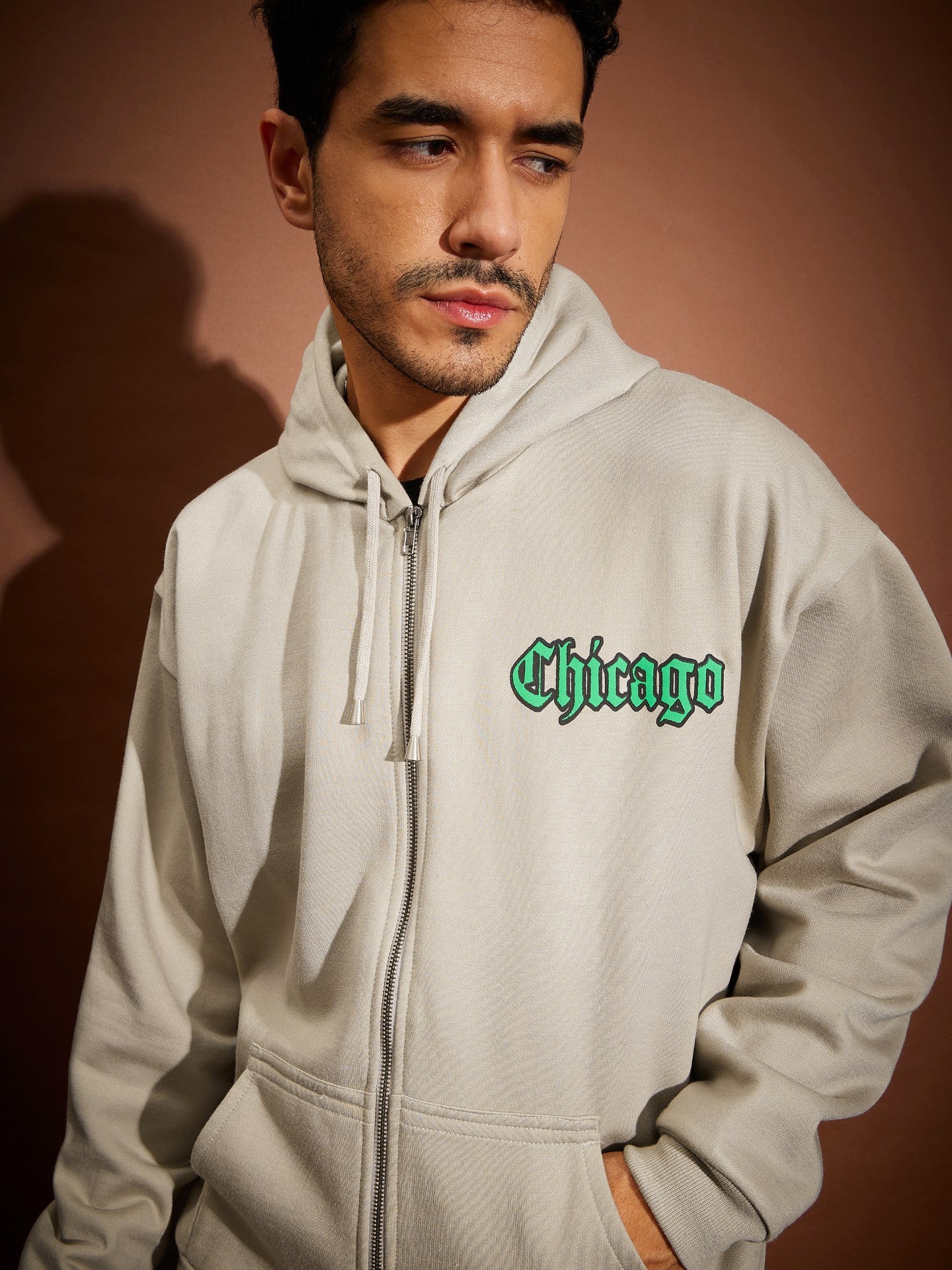 Taupe CHICAGO Oversized Zipper Hoodie Sweatshirt With Joggers-MASCLN SASSAFRAS