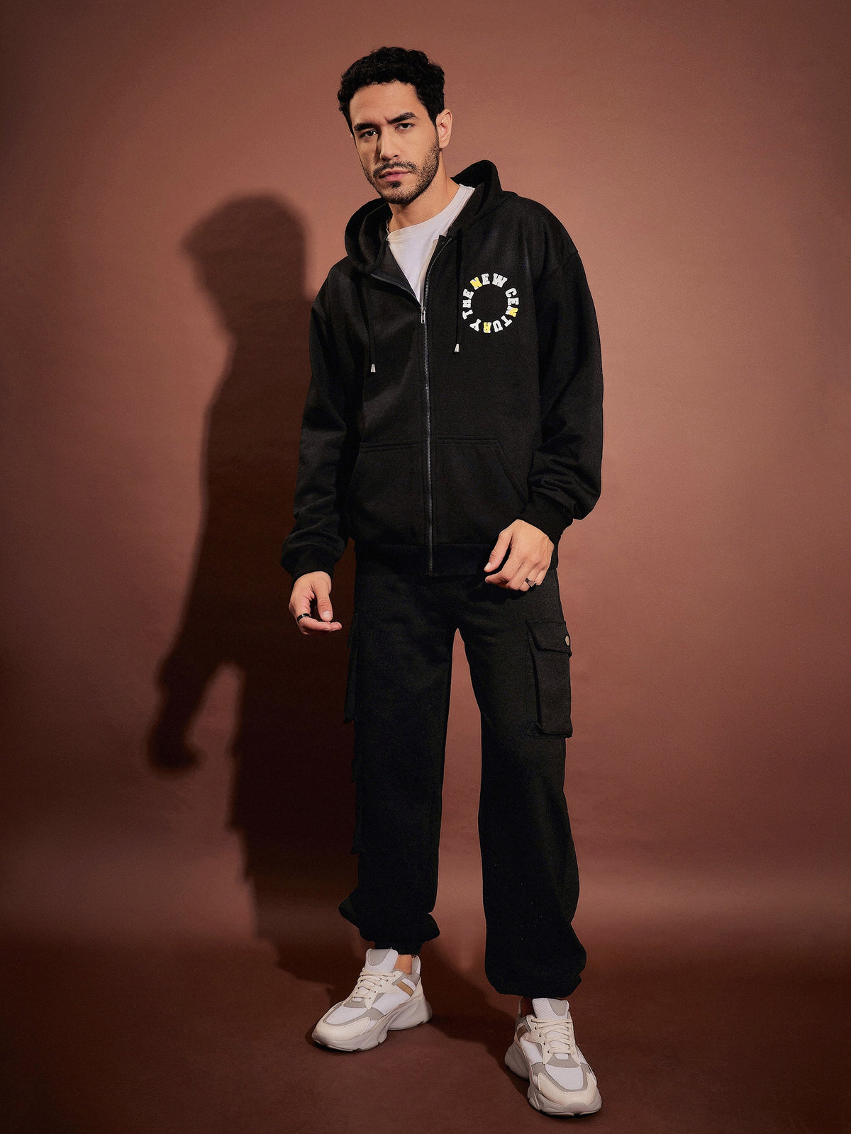 Black CENTURY Oversized Zipper Hoodie With Joggers-MASCLN SASSAFRAS
