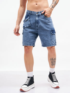 Blue Utility Pocket  Denim Shorts-MASCLN SASSAFRAS